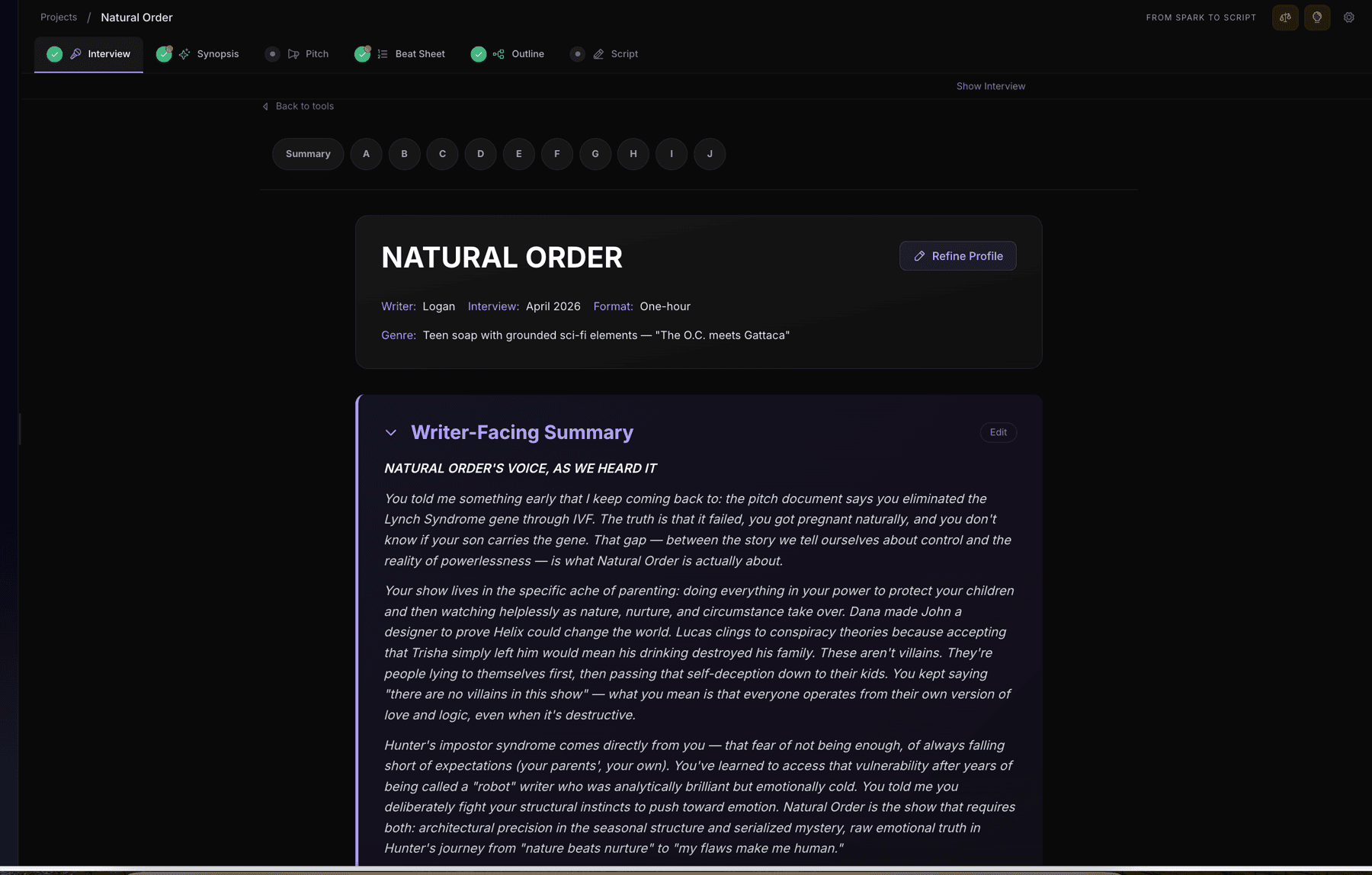 A completed voice profile headed “Natural Order’s voice, as we heard it”, with its detailed sections expanded.