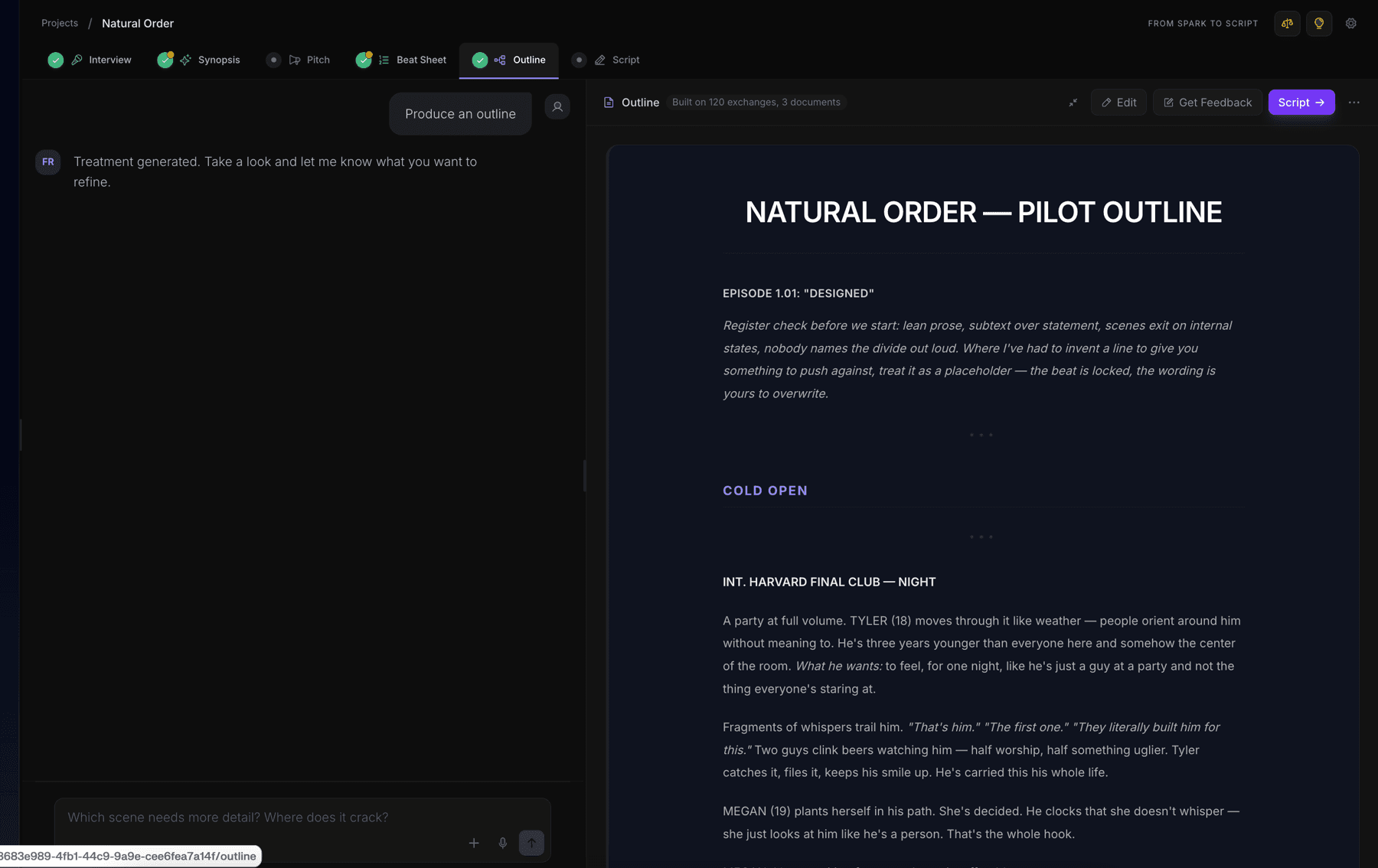 A generated pilot outline with scene-level prose, alongside First Read’s structural notes on the beats.
